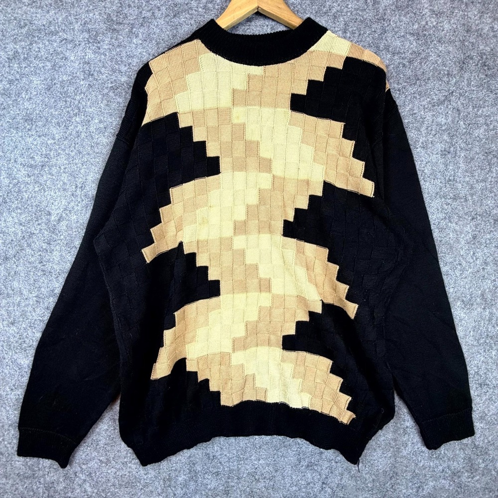 Vintage Bergati Sweater‎ Mens Large Black Beige Geometric Knit Outdoor Winter
